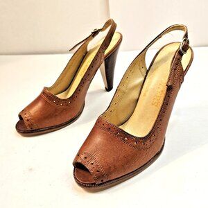 Vintage 70s Chandlers Brown Leather Peep Toe Slingback Pumps Women's 5.5 NEW